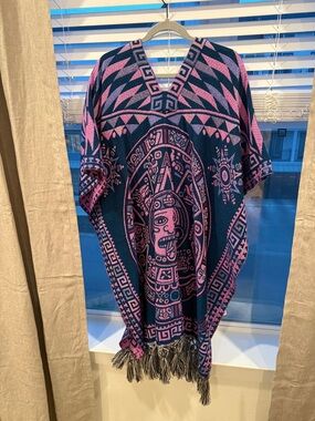 Bohemian Aztec Poncho in Navy & Pink
